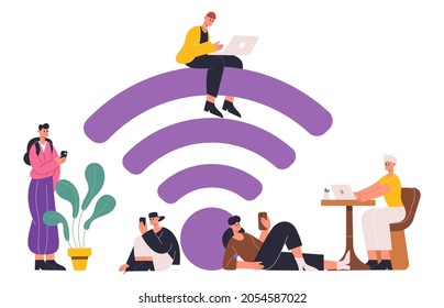 People using mobile internet, free wifi zone concept. Free internet hotspot zone with wifi sign, wifi public area vector illustration. Characters using free internet. Concept of network internet