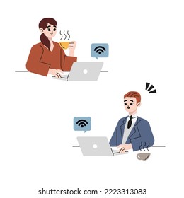 People using mobile internet, free wifi zone concept. Free internet hotspot zone with wifi sign, wifi public area vector illustration. Characters using free internet. Concept of network internet