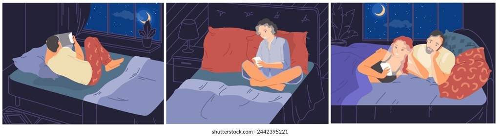 People using mobile phone before going to sleep isolated scene vector illustration. Sleepless man and woman watching digital device suffering from insomnia