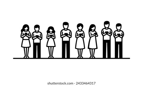 Leute benutzen Handys. Männer und Frauen halten Smartphones in der Hand. Vektor-Illustration in einem flachen Stil auf weißem Hintergrund