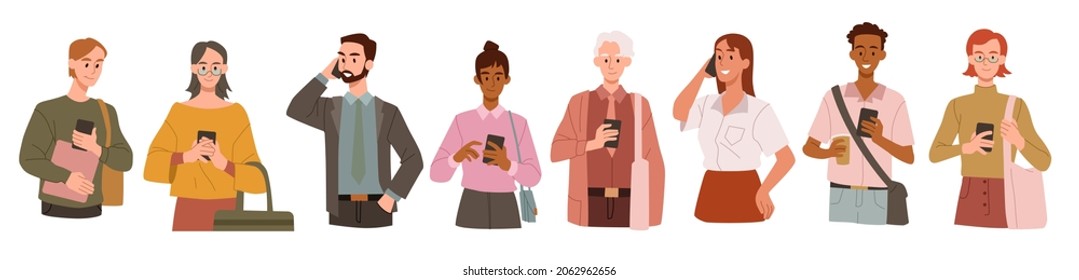 People using mobile phone. Set of characters with smartphones. Modern technology, addiction to gadgets. Internet communication, chatting. Cartoon flat vector illustrations isolated on white background - Shutterstock ID 2062962656