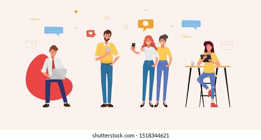 People using mobile phone for social media network communication background.