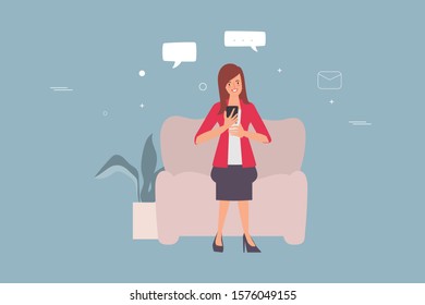 People using mobile phone for social media network communication background flat vector illustration.