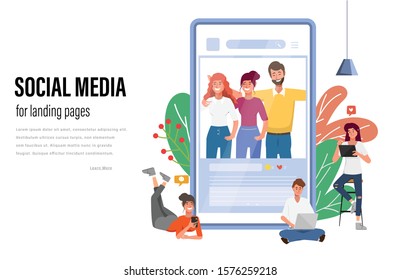 People using mobile phone for social media network communication flat vector illustration background.