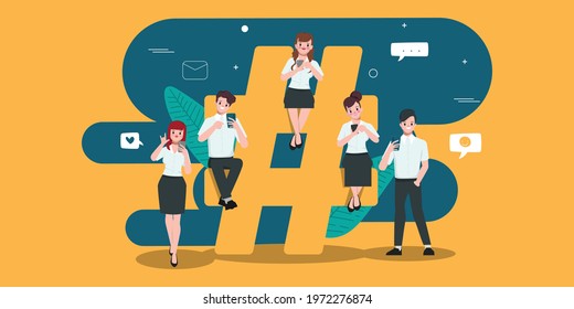 People using mobile phone for social media network viral communication.