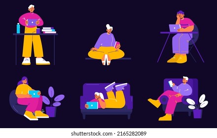 People using mobile phone, tablet and laptop in different poses. Vector flat illustration with happy characters with digital gadgets sitting on chair, at table and lying on sofa