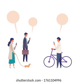 People using mobile phone, texting, walking. Men and women looking at social media. Flat cartoon colorful vector illustration.
