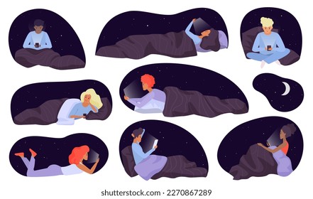 People using mobile phones in bed set vector illustration. Cartoon isolated night scenes with sleepy male and female characters lying with smartphones, person watching on blue screen of cellphone