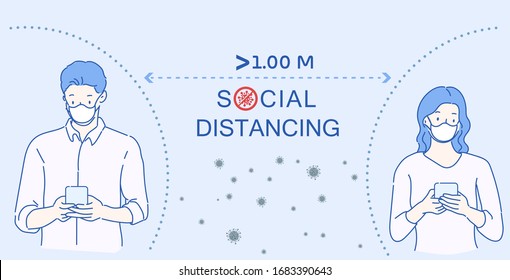 People using mobile phones by standing more than 1 meter apart. Infection control concept. Hand drawn thin line style, vector illustrations.