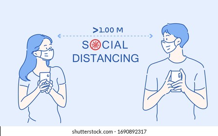 People using mobile phones by standing more than 1 meter apart. Infection control concept. Hand drawn thin line style, vector illustrations.