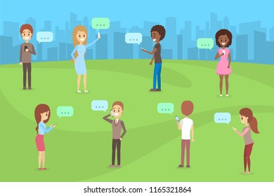 People using mobile phones for chatting with each other through social networks. Internet addiction. Flat vector illustration
