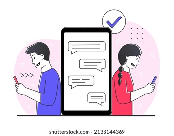 People using mobile phones. Man and girl next to smartphone. Social networks and instant messengers, love correspondence. Online dating and chat on internet. Cartoon flat vector illustration