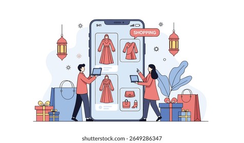 People Using Mobile Phones for Online Shopping Discovering New Clothes and Gifts with Festive Decorations Around Them Illustrating E Commerce Convenience