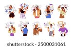 People using mobile phones set. Happy characters holding smartphones, gadgets, use online apps, surfing internet, sharing content in social media. Flat vector illustration isolated on white background