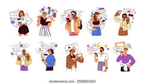 People using mobile phones set. Happy characters holding smartphones, gadgets, use online apps, surfing internet, sharing content in social media. Flat vector illustration isolated on white background