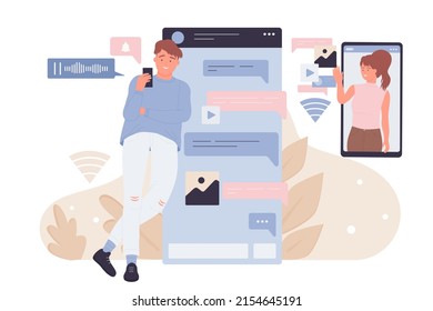 People using mobile phones for voice messages vector illustration. Cartoon young man and woman record and send audio messages for communication in chat of messenger. Voicemail, social media concept