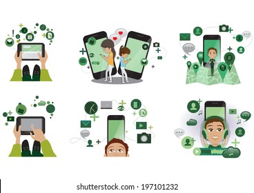 People Using Mobile And Tablet, Concept Of Communication - Set - Isolated On White Background - Vector Illustration, Graphic Design Editable For Your Design  