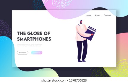 People using Mobile Technologies and Electronics Website Landing Page. Tiny Male Character Holding Huge Sd Memory Card for Smartphone or Photo Camera Web Page Banner. Cartoon Flat Vector Illustration