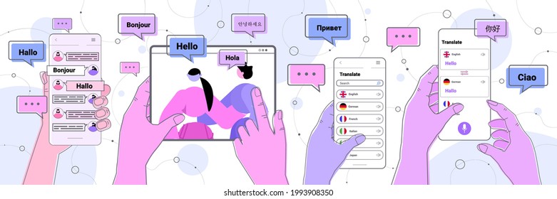 people using mobile translation application multilingual greeting international communication concept