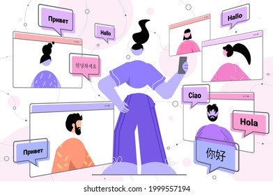 people using mobile translation application multilingual greeting international online communication