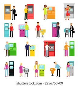 La gente usa máquinas de cajero automático modernas. Clientes que realizan transacciones electrónicas. Vector de dibujos animados de depósito y retiro de dinero