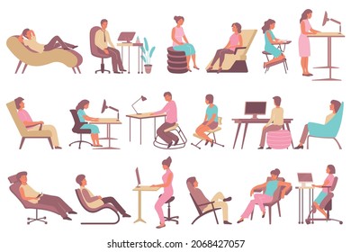 People using modern ergonomic furniture for rest and work flat set isolated vector illustration