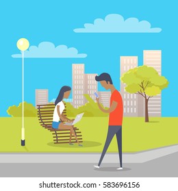 People using modern gadgets relax in urban park. Vector illustration of young female person sitting on wooden bench works with laptop and brunette boy walking near on road looks only at smartphone