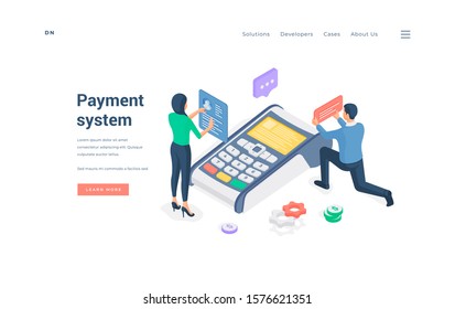 People using modern payment system isometric vector illustration. Man and woman browsing client data on contemporary terminal while representing payment system banner of website landing page template