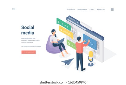 People using modern social media. Isometric woman on bean bag browsing laptop while man working with data charts in social media on banner of website vector illustration