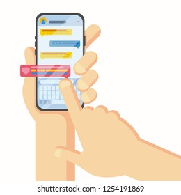 People using new,exciting technology,holding smartphone with chat or messenger application on screen,instant love messaging and valentine chatting,online communication,flat style,vector illustration.