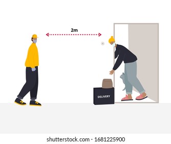 People using non contact delivery service medical face mask, avoid touch, keep distance to stay safe. Coronavirus epidemic pandemic vector illustration. Simple flat character quarantine instruction.