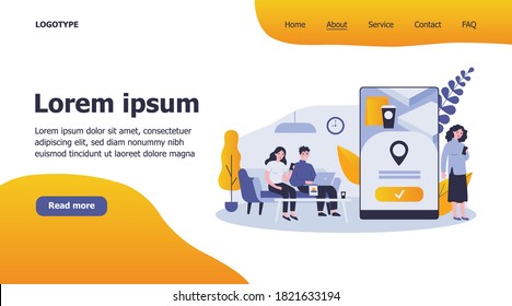 People using online app for food delivery. Customers ordering food in cafe or restaurant and eating at home. Vector illustration for mobile application, takeaway dinner, service concept