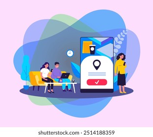 People using online app for food delivery. Customers ordering food in cafe or restaurant and eating at home. Vector illustration for mobile application, takeaway dinner, service concept