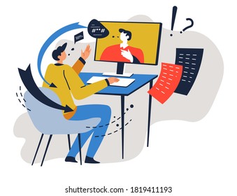 People using online application to talk, business partners on meeting, internet technologies for work. Characters discussing job and projects completion. Questions and answers vector in flat