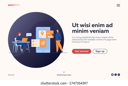 People using online appointment and booking app. Mean and woman planning meeting, setting date in mobile interface. Vector illustration for business, internet technology concept