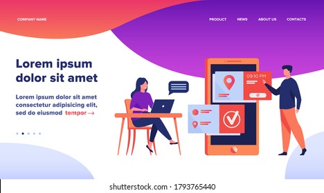 People using online appointment and booking app. Mean and woman planning meeting, setting date in mobile interface. Vector illustration for business, internet technology concept