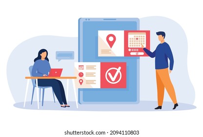 People using online appointment concept. Modern flat vector illustration of a Man and woman planning meeting, setting date in mobile interface. Suitable for business, internet technology concept.