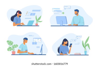 People using online apps set. Professionals using computers and cellphones for work or chat. Flat vector illustrations. Internet communication concept for banner, website design or landing web page