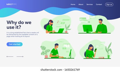 Personas que usan aplicaciones en línea configuradas. Profesionales que usan computadoras y teléfonos celulares para trabajar o charlar. Ilustraciones vectoriales planas. Concepto de comunicación por Internet para banner, diseño de sitios web o página web de destino