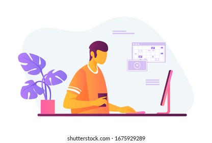 Personas que usan aplicaciones en línea configuradas. Profesionales que usan computadoras y teléfonos celulares para trabajar o charlar. Ilustraciones vectoriales planas. Concepto de comunicación por Internet para banner, diseño de sitios web o página web de destino