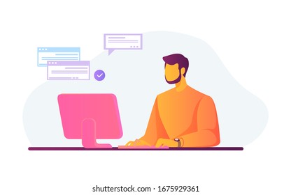 People using online apps set. Professionals using computers and cellphones for work or chat. Flat vector illustrations. Internet communication concept for banner, website design or landing web page