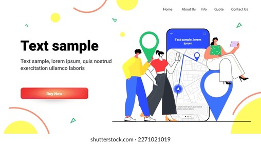 people using online navigation app on digital devices users exploring route with location pin GPS pointers horizontal