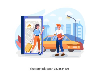 People using online ordering taxi car sharing mobile application concept