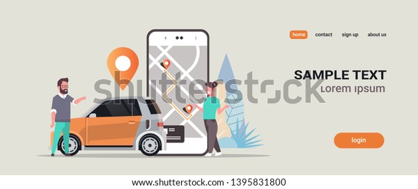 people using\
online ordering taxi car sharing mobile application concept\
transportation carsharing service app man woman near smartphone\
screen with gps map copy space\
horizontal