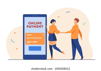 People using online payment mobile app. Woman showing interface on phone screen to man. Flat vector illustration. Online bank, finance concept for banner, website design or landing web page