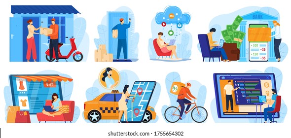 People using online services vector illustrations. Cartoon flat characters shopping online with mobile app, paying transfer money, ordering delivery service of product goods or taxi isolated on white