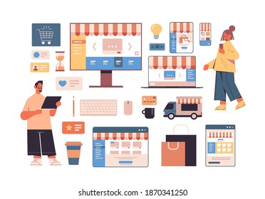 people using online shopping applications on digital devices internet business icons set e-commerce digital marketing concept horizontal full length vector illustration