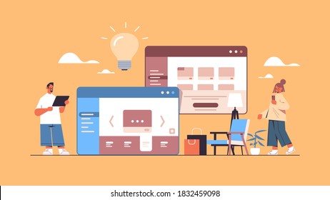 people using online shopping web application internet business e-commerce digital marketing concept horizontal full length vector illustration