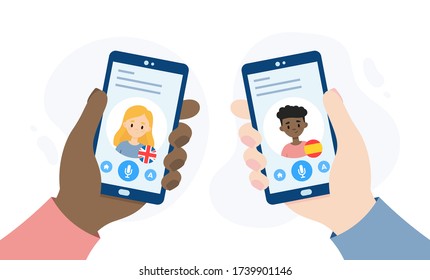 Personen, die eine Online-Übersetzungs-App verwenden. Mobile Anwendung zum Übersetzen von Fremdsprachen. Hände mit Smartphones.