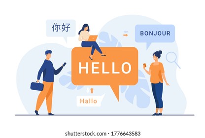 People using online translation app, translating words from foreign languages with mobile service. Can be used for international communication, travel abroad, learning concept